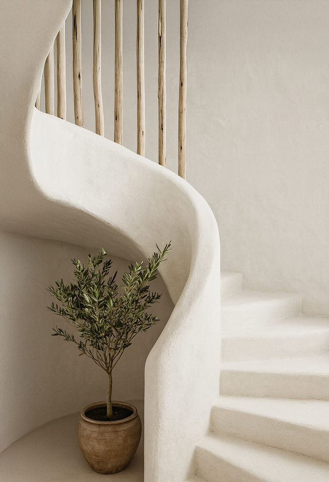 Sanded latte pole spiral staircase in an organic rendered interior, styled with a potted olive tree