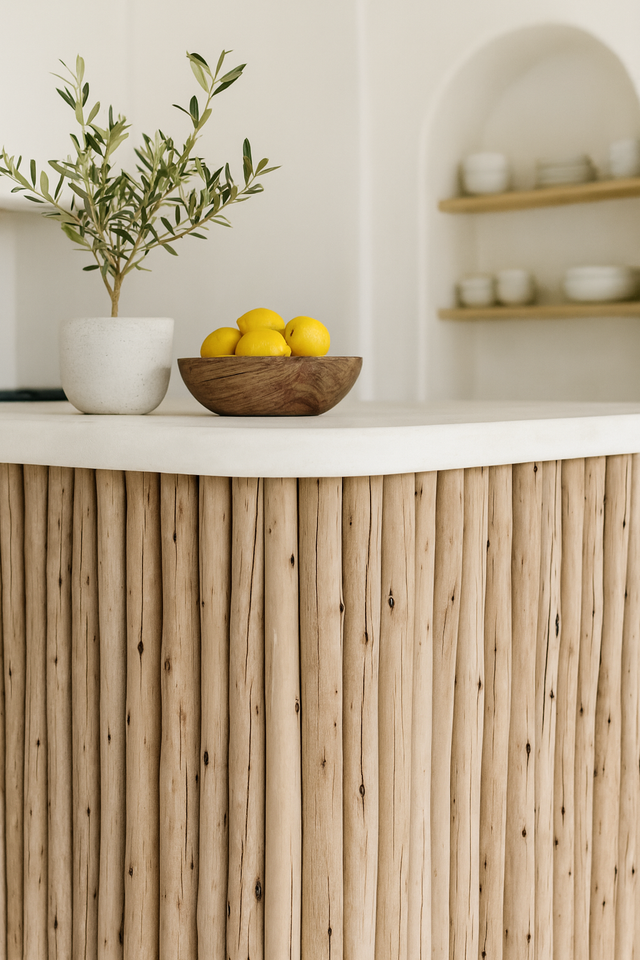 Sanded latte pole kitchen bench styled with a timber bowl of lemons and an olive plant in an organic coastal kitchen