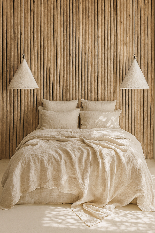 Water-blasted latte pole wall styled with Khufu Tall Pendants in light roast above a neutral linen-draped bed in a calm bedroom setting.